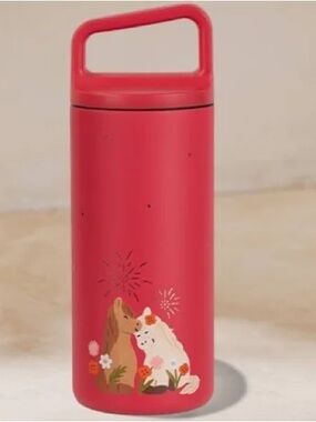 Starbucks red small pet water bottle with cute animal illustration